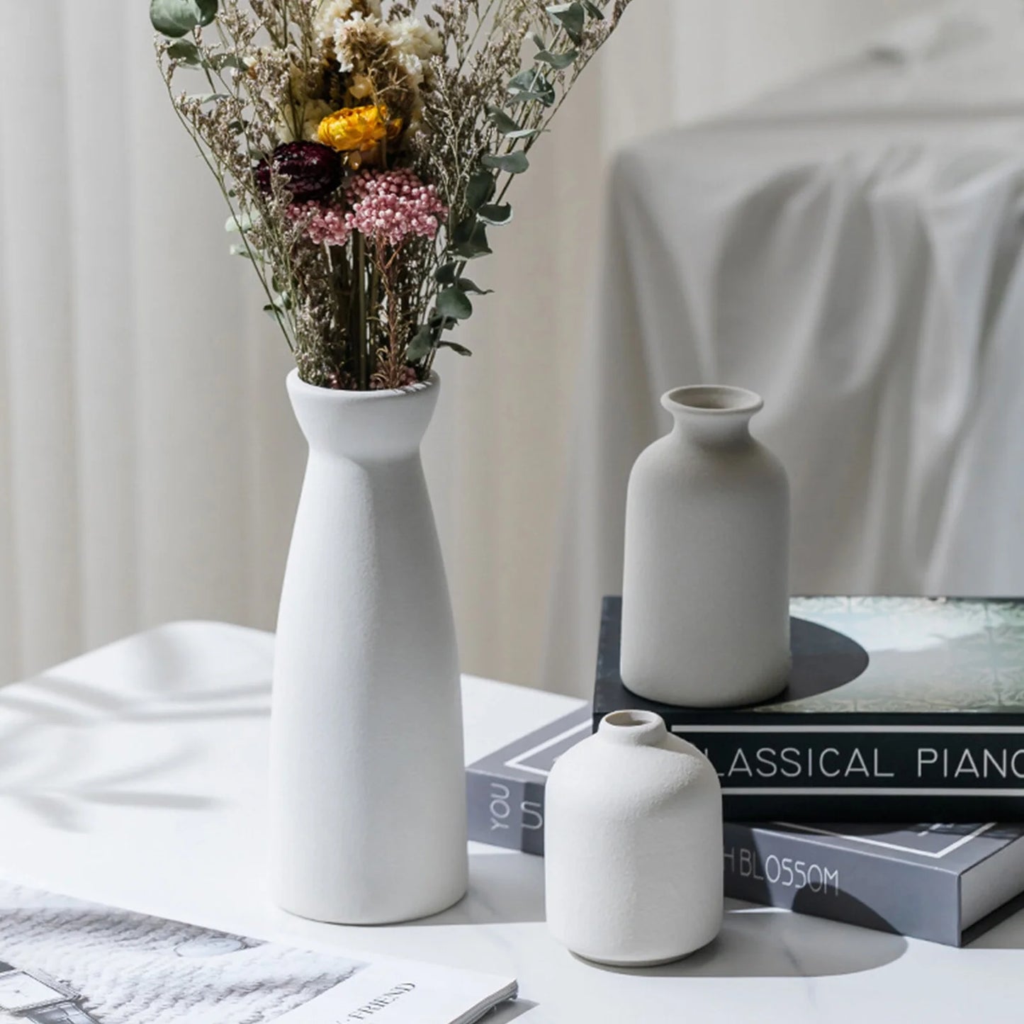 Ceramic Vase,Small Vases for Decor,Set 3 Modern Boho Vases for Flower Pampas,Fit for Living Room Desk Shelf Decor,White